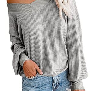 Women's Casual V Neck Long Sleeve Waffle Knit Off Shoulder Top Loose Pullover Sweater Light Grey XX-Large