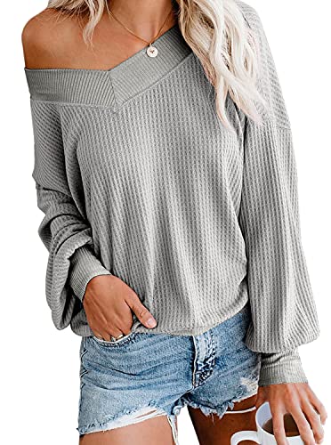 Women's Casual V Neck Long Sleeve Waffle Knit Off Shoulder Top Loose Pullover Sweater Light Grey XX-Large