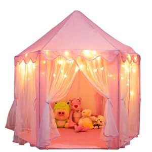 orian princess castle playhouse tent for girls with led star lights – indoor & outdoor large kids play tent for imaginative games – astm certified, 230 polyester taffeta. pink 55"x53".