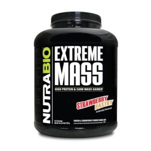 nutrabio extreme mass - 53g protein - advanced anabolic muscle mass gainer protein - high calorie - full spectrum amino acid - strawberry pastry, 6 pound