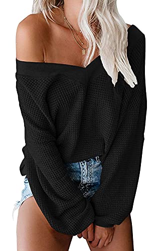 ReachMe Womens Oversized Off The Shoulder Tops Long Sleeve Waffle Knit Shirt V Neck Pullover Sweater(Black,S)