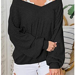 ReachMe Womens Oversized Off The Shoulder Tops Long Sleeve Waffle Knit Shirt V Neck Pullover Sweater(Black,S)