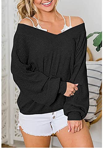 ReachMe Womens Oversized Off The Shoulder Tops Long Sleeve Waffle Knit Shirt V Neck Pullover Sweater(Black,S)