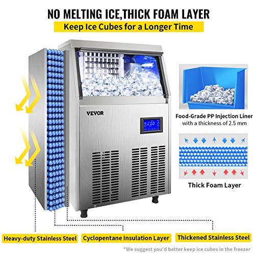 VEVOR Commercial Ice Maker Machine, 80-90LBS/24H 33LBS Bin, Upgrade Stainless Steel Commercial Ice Machine for Home Bar Resaturant, Include Electric Water Drain Pump/Water Filter/ 2 Scoops