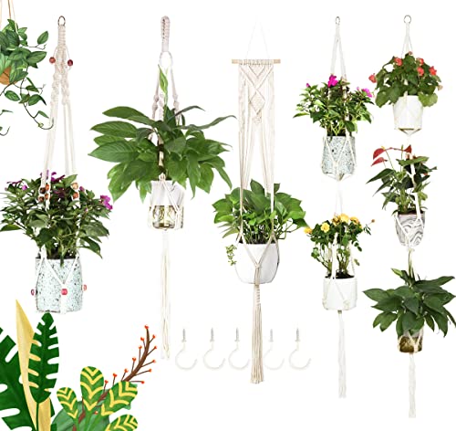 JES&MEDIS 5-Pack Macrame Plant Hangers with 5 Hooks, Different Tiers, Handmade Cotton Rope Hanging Planters Set Flower Pots Holder Stand, for Indoor Outdoor Boho Home Decor