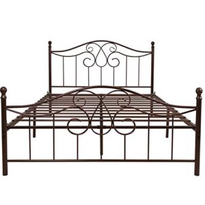 YALAXON Vintage Sturdy Metal Bed Frame with Headboard and Footboard Basic Bed Frame No Box Spring (Queen, Antique Brown)