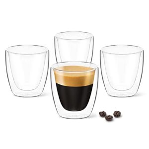 dlux espresso coffee cups 3oz, double wall, clear glass set of 4 glasses, insulated borosilicate glassware tea cup