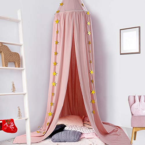 CeeKii Canopy for Girls Bed, Round Dome Hook Cotton Princess Mosquito Net Canopy Kids Bedroom Games Reading Tent Nursery Play Room Decor (Pink)