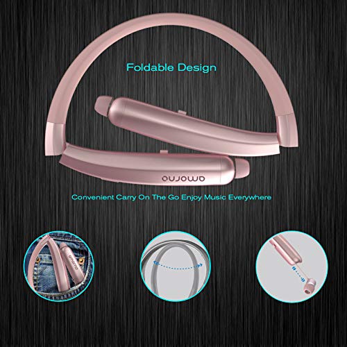 AMORNO Foldable Bluetooth Headphones, Wireless Neckband Sports Headset with Retractable Earbuds, Sweatproof Noise Cancelling Stereo Earphones with Mic & Carrying Case (Gold)