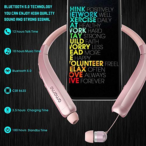 AMORNO Foldable Bluetooth Headphones, Wireless Neckband Sports Headset with Retractable Earbuds, Sweatproof Noise Cancelling Stereo Earphones with Mic & Carrying Case (Gold)