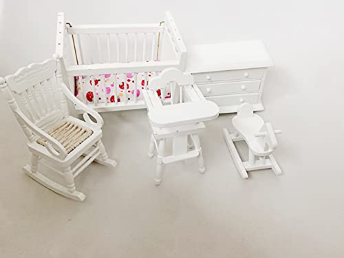 White Wooden Nursery Bedroom (5pcs) 1:12 Scale Dollhouse Furniture,Non-Toxic Paint