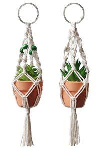 timecosy mini macrame plant hanger rear view mirror car cactus charm decorations boho hanging plant holder, tiny car succulent gifts for plant lover, 10.5-inch