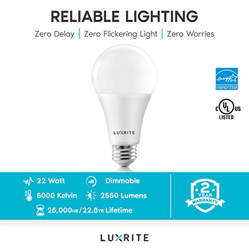 LUXRITE A21 LED Bulbs 150 Watt Equivalent, 2550 Lumens, 5000K Bright White, Dimmable Standard LED Bulb 22W, Energy Star, E26 Medium Base - Indoor and Outdoor (2 Pack)