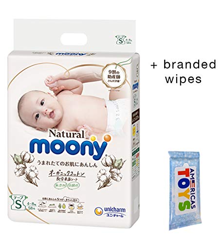 Baby Organic Diapers – Moony Natural Diapers Bundle with Americas Toys Wipes – Japanese Diapers Organic Cotton Additive-Free Ingredients Notification Strips Packaging May Vary Small (9-18 lb) 58 Count