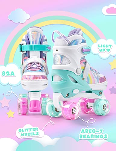 SULIFEEL Rainbow Unicorn 4 Size Adjustable Light up Roller Skates for Girls Boys for Kids Medium