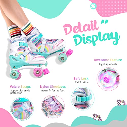 SULIFEEL Rainbow Unicorn 4 Size Adjustable Light up Roller Skates for Girls Boys for Kids Medium