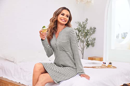 Ekouaer Women's Nightshirt Long Sleeve Button Down Nightgown V-Neck Sleepwear Pajama Dress