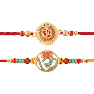 eximious india set of 2 rakhi for brother with card om pendant for raksha bandhan designer rakhi thread for bhaiya 03