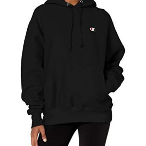 Champion, Reverse Weave Oversized Hoodie, Heavyweight Fleece Sweatshirt for Women, Black Left Chest C, Medium