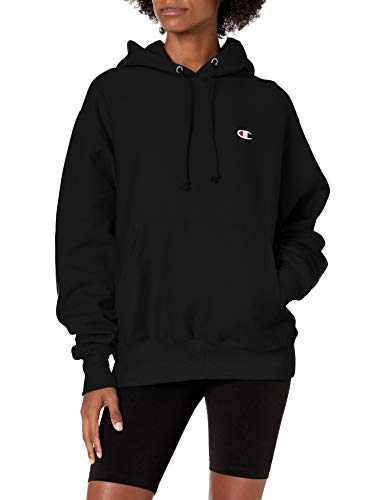 Champion, Reverse Weave Oversized Hoodie, Heavyweight Fleece Sweatshirt for Women, Black Left Chest C, Medium