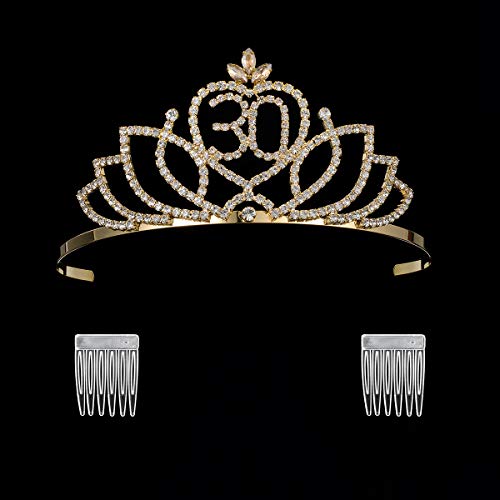 YZHSTONE Women 30th Birthday Queen Tiaras Crown Gold Metal Rhinestone Crystal Birthday Tiaras Crowns