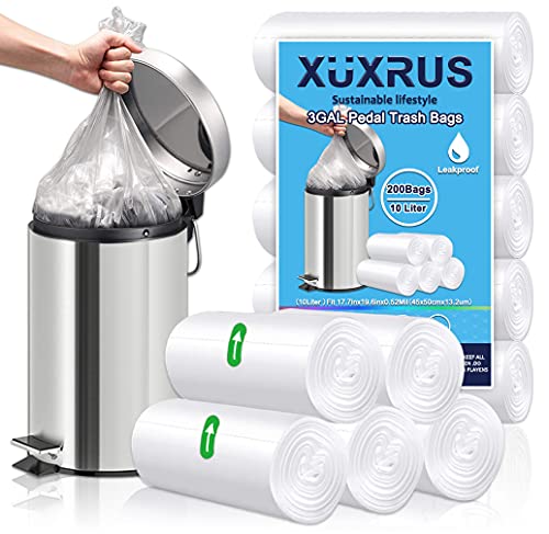 XUXRUS Small Trash Bags 3 Gallon, White Garbage Bags for Bathroom,Kitchen,Office,Bedroom,200 Counts Fit 8~10 Liter Wastebasket Trash Can