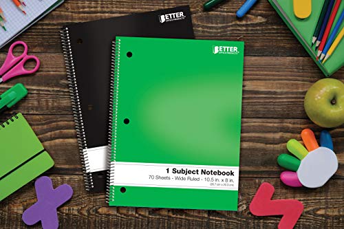 Better Office Products Spiral Notebooks 1-Subject, 24 Pack, Wide Rule, 70 Sheet, 8 x 10.5 inches, 6 Assorted Primary Colors, 24 Pack