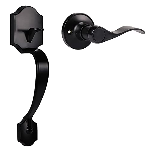 home improvement direct Camelot Trim Lower Half Handleset, Flat Black Entry Door Handle with Accent Wave Door Lever for Electronic Keypad with Drop Interior Left Handed Lever