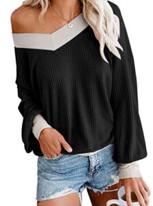 women's casual v neck long sleeve waffle knit off shoulder top oversized pullover sweater black xx-large