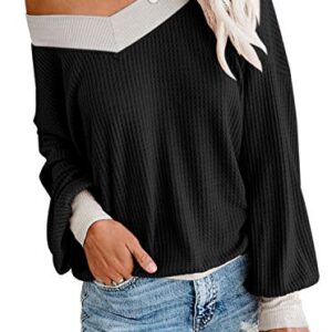 Women's Casual V Neck Long Sleeve Waffle Knit Off Shoulder Top Oversized Pullover Sweater Black XX-Large