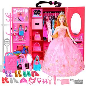 UCanaan 11.5 Inch Girl Doll and Closet Set with Clothes and Accessories-Lot 51 Items Including Fashion Dolls,Wardrobe, Trunk, Casual Wear, Dress, Swimsuits, Hangers, Shoes, Bags and Necklaces