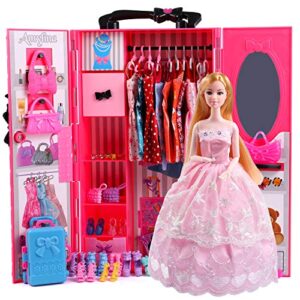 ucanaan 11.5 inch girl doll and closet set with clothes and accessories-lot 51 items including fashion dolls,wardrobe, trunk, casual wear, dress, swimsuits, hangers, shoes, bags and necklaces