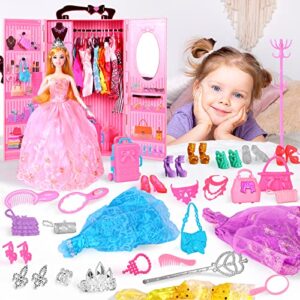 UCanaan 11.5 Inch Girl Doll and Closet Set with Clothes and Accessories-Lot 51 Items Including Fashion Dolls,Wardrobe, Trunk, Casual Wear, Dress, Swimsuits, Hangers, Shoes, Bags and Necklaces