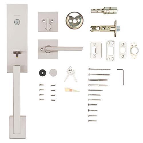 Kwikset Vancouver Front Door Lock Handle and Deadbolt Set, Entry Handleset Exterior with Interior Reversible Lever, Satin Nickel, Pick Resistant SmartKey Rekey Deadbolt Security