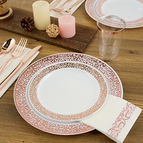 FOCUSLINE 102 pcs Rose Gold Plastic Party Plates Lace Design Disposable Plates Set, 51 Heavy Duty 10.25 Inch Dinner Plates and 51 7.5 Inch Dessert Plates