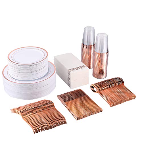 350 Piece Rose Gold Dinnerware Set 50 Guest -100 Rose Gold Plastic Plates - 50 Plastic Silverware - 50 Plastic Cups - 50 Linen Like Paper Napkins, FOCUSLINE Disposable Dinnerware Set