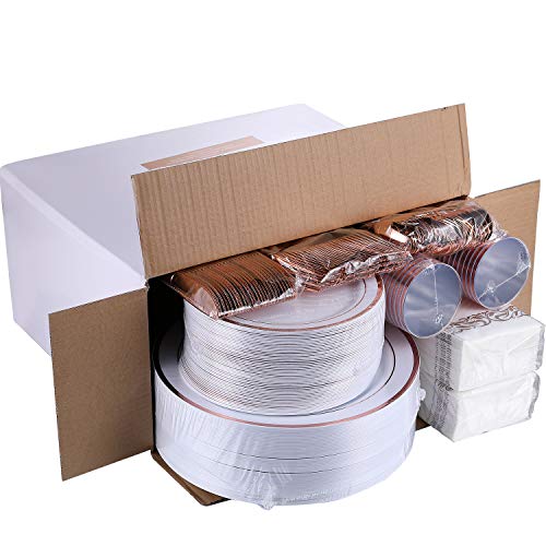 350 Piece Rose Gold Dinnerware Set 50 Guest -100 Rose Gold Plastic Plates - 50 Plastic Silverware - 50 Plastic Cups - 50 Linen Like Paper Napkins, FOCUSLINE Disposable Dinnerware Set