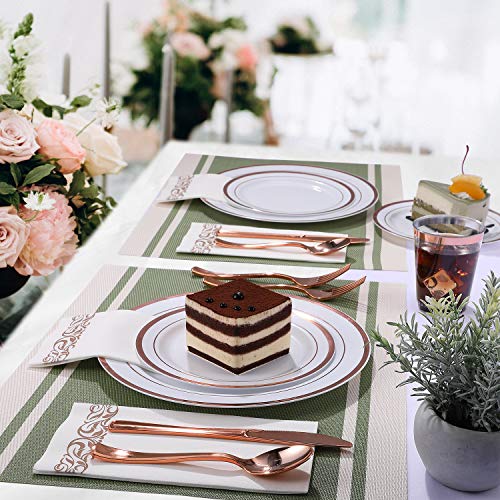 350 Piece Rose Gold Dinnerware Set 50 Guest -100 Rose Gold Plastic Plates - 50 Plastic Silverware - 50 Plastic Cups - 50 Linen Like Paper Napkins, FOCUSLINE Disposable Dinnerware Set