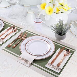 350 Piece Rose Gold Dinnerware Set 50 Guest -100 Rose Gold Plastic Plates - 50 Plastic Silverware - 50 Plastic Cups - 50 Linen Like Paper Napkins, FOCUSLINE Disposable Dinnerware Set