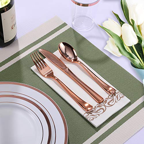 350 Piece Rose Gold Dinnerware Set 50 Guest -100 Rose Gold Plastic Plates - 50 Plastic Silverware - 50 Plastic Cups - 50 Linen Like Paper Napkins, FOCUSLINE Disposable Dinnerware Set