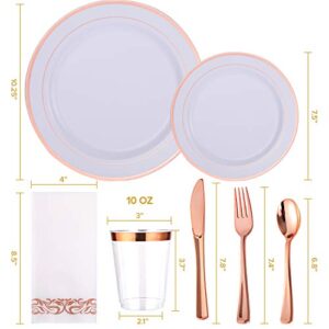 350 Piece Rose Gold Dinnerware Set 50 Guest -100 Rose Gold Plastic Plates - 50 Plastic Silverware - 50 Plastic Cups - 50 Linen Like Paper Napkins, FOCUSLINE Disposable Dinnerware Set