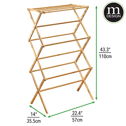mDesign Bamboo Tall Vertical Portable, Collapsible, Foldable Laundry Drying Rack - for Laundry Room, Bathroom, Kitchen - to Dry Clothes, Towels - Echo Collection - Natural