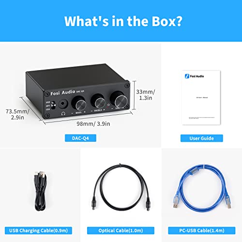 Fosi Audio Q4 Headphone Amplifier Mini Stereo DAC 24-Bit 192 KHz USB Optical Coaxial to RCA AUX Digital-to-Analog Audio Converter Adapter for Home Desktop Powered Active Speakers