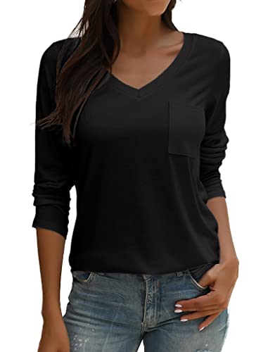 Tobrief Womens Loose Casual Long Sleeve V-neck T Shirt Tunic Tops for Leggings (S, Black-1)