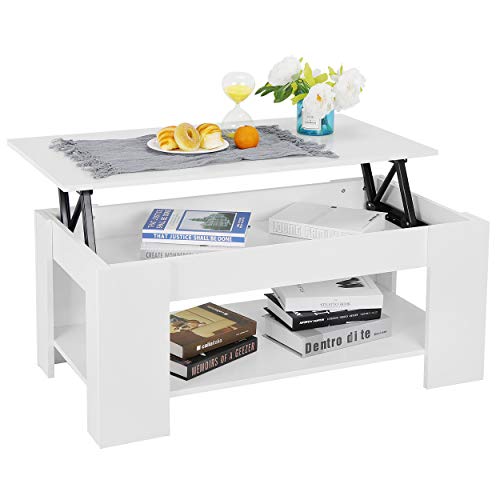 SUPER DEAL Lift Top Coffee Table with Hidden Compartment and Storage Shelf, Large Storage Space Rising Tabletop Dining Table Compact Cocktail Table for Living Room Reception Room, 38.6in L, White