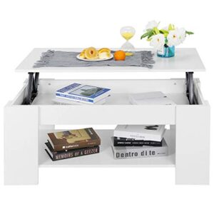 SUPER DEAL Lift Top Coffee Table with Hidden Compartment and Storage Shelf, Large Storage Space Rising Tabletop Dining Table Compact Cocktail Table for Living Room Reception Room, 38.6in L, White