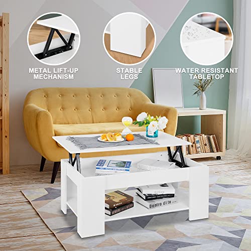 SUPER DEAL Lift Top Coffee Table with Hidden Compartment and Storage Shelf, Large Storage Space Rising Tabletop Dining Table Compact Cocktail Table for Living Room Reception Room, 38.6in L, White