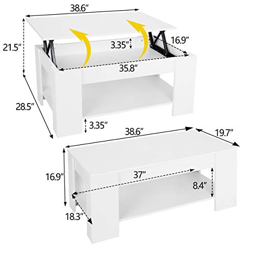 SUPER DEAL Lift Top Coffee Table with Hidden Compartment and Storage Shelf, Large Storage Space Rising Tabletop Dining Table Compact Cocktail Table for Living Room Reception Room, 38.6in L, White