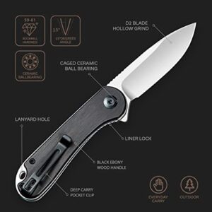 CIVIVI Elementum Folding Pocket Knife D2 Satin 2.96" Blade, Wood Handles C907D (Black Ebony Wood)