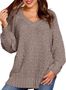 kirundo women's 2023 fall winter oversized fuzzy popcorn sweaters trendy v neck long sleeve cozy pullover tunic tops(x-large, khaki)